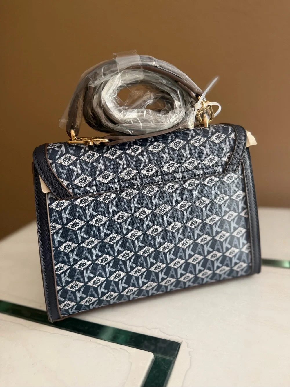 Anne Klein Navy Logo Jacquard Top-Handle Bag